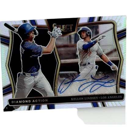 A glossy, holographic baseball trading card featuring two players in action poses with blue and white uniforms.