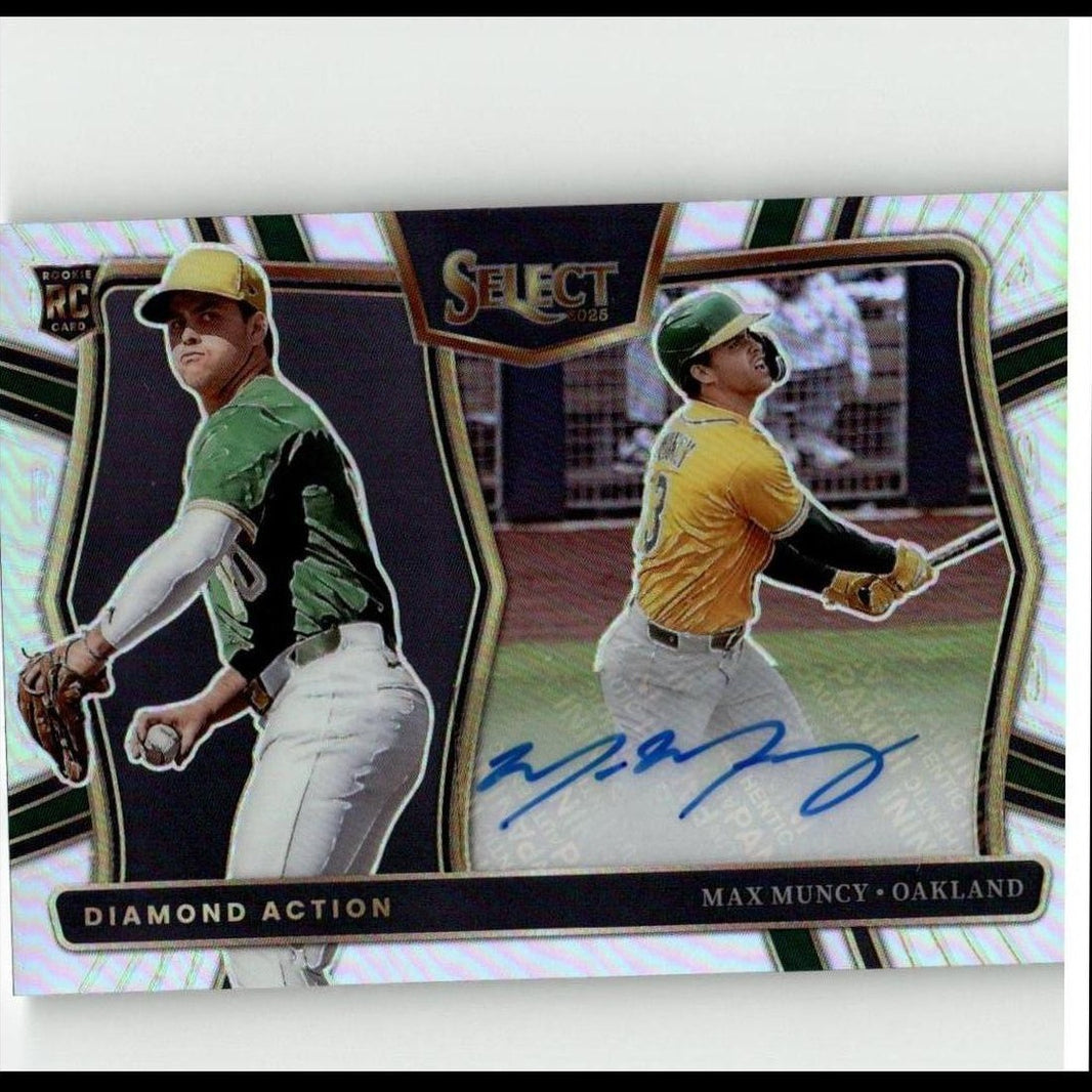 2025 select baseball trading card featuring two oakland athletics players in green and gold uniforms with a holographic border.