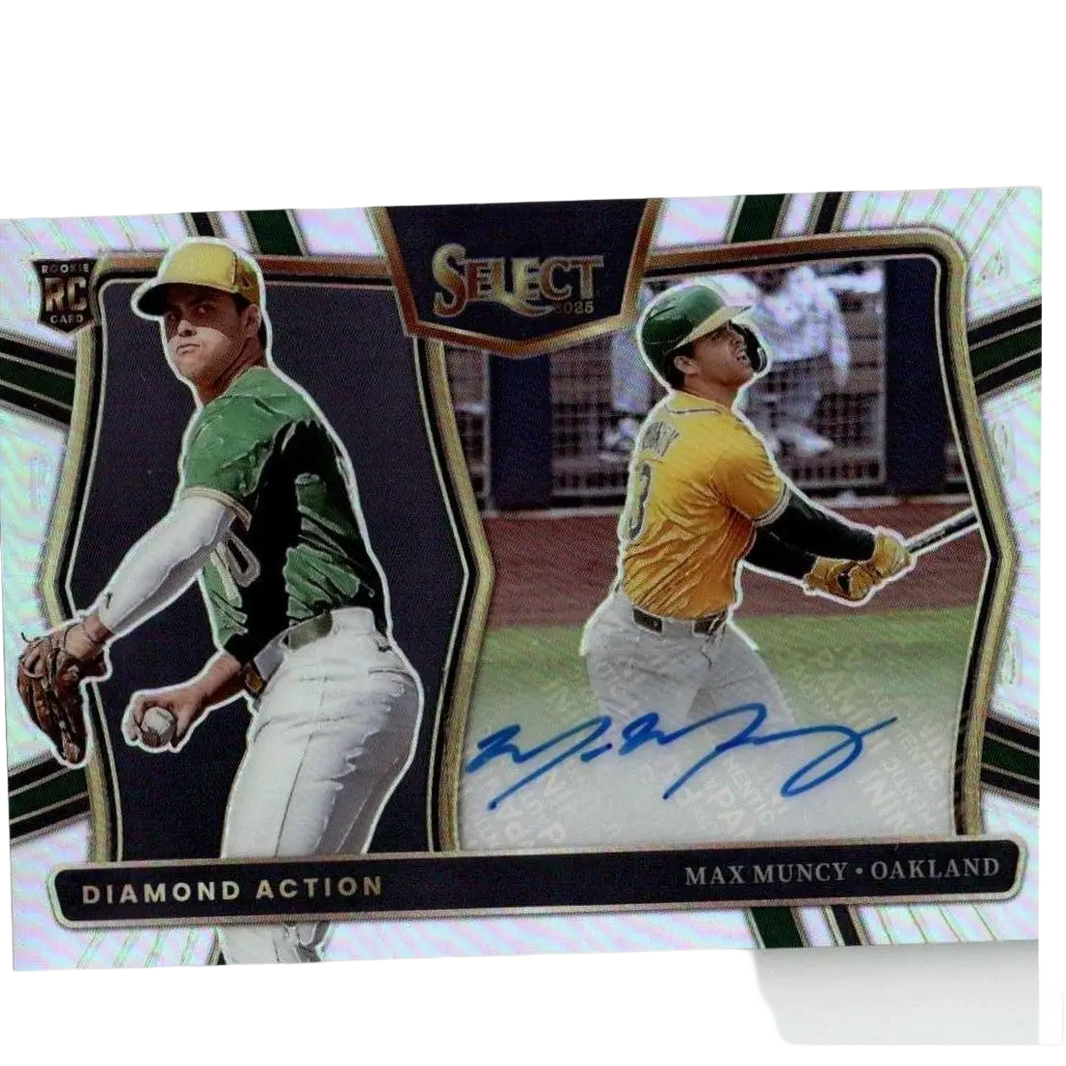 2025 select baseball trading card featuring two oakland athletics players in green and gold uniforms with a holographic border.