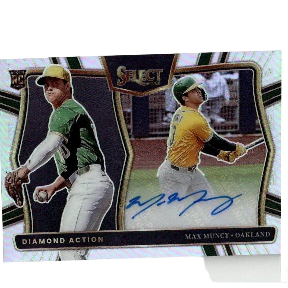 2025 select baseball trading card featuring two oakland athletics players in green and gold uniforms with a holographic border.