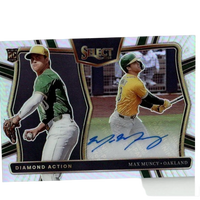 2025 select baseball trading card featuring two oakland athletics players in green and gold uniforms with a holographic border.