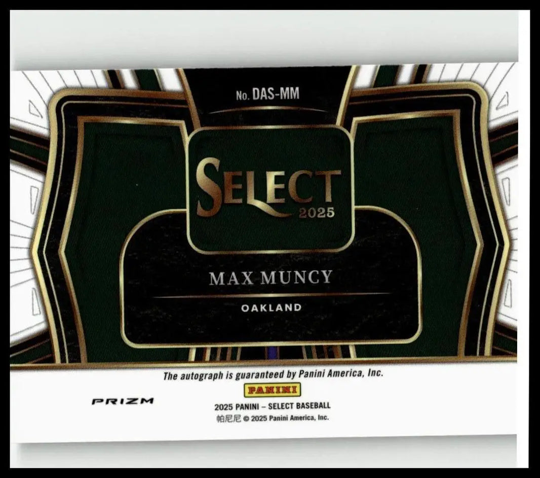 Black and gold 2025 panini select max muncy diamond action signatures baseball trading card from oakland