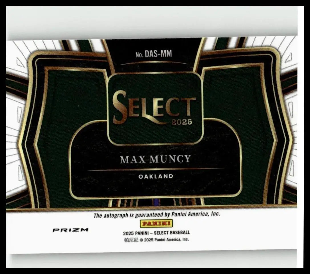 Black and gold 2025 panini select max muncy diamond action signatures baseball trading card from oakland