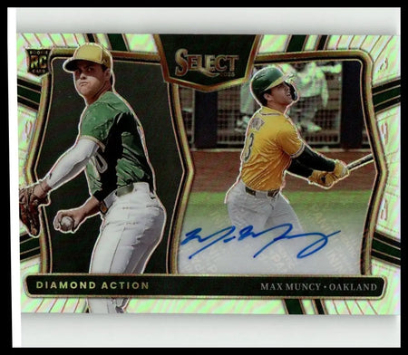 Green and gold 2025 panini select max muncy diamond action signatures baseball card featuring two players and autograph