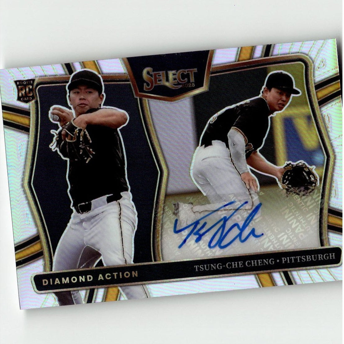 A glossy, black and gold baseball trading card featuring two action shots of pitcher tsung-chieh cheng with a signature below.