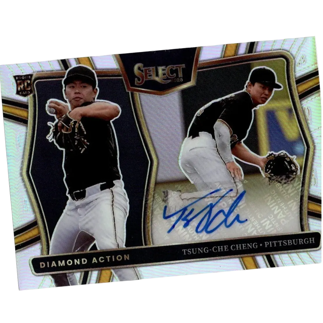 A glossy, black and gold baseball trading card featuring two action shots of pitcher tsung-chieh cheng with a signature below.