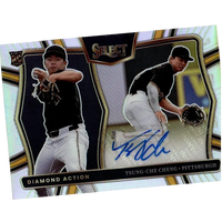 A glossy, black and gold baseball trading card featuring two action shots of pitcher tsung-chieh cheng with a signature below.