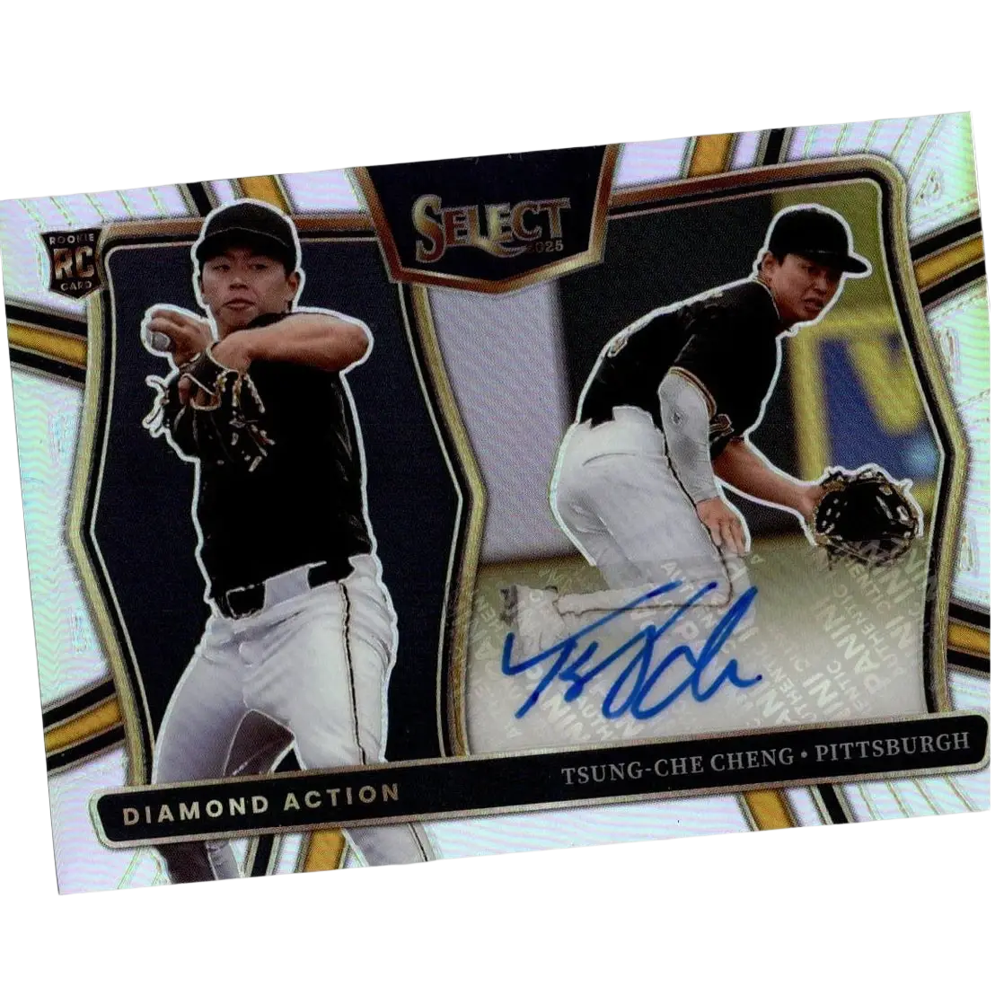 A glossy, black and gold baseball trading card featuring two action shots of pitcher tsung-chieh cheng with a signature below.