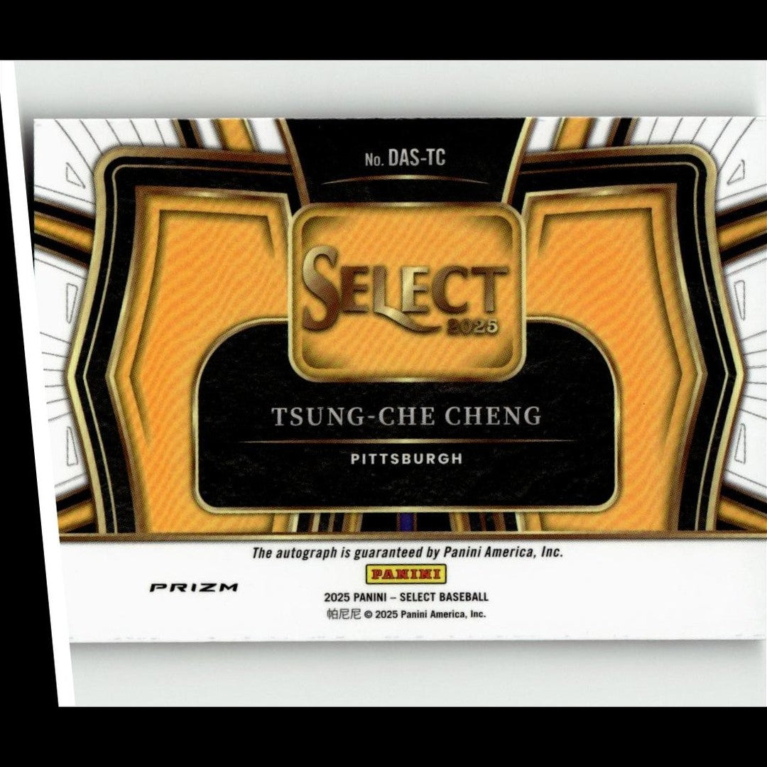 Gold and black baseball trading card featuring the ’select 2025’’ logo, autographed by tsung-che cheng of pittsburgh.