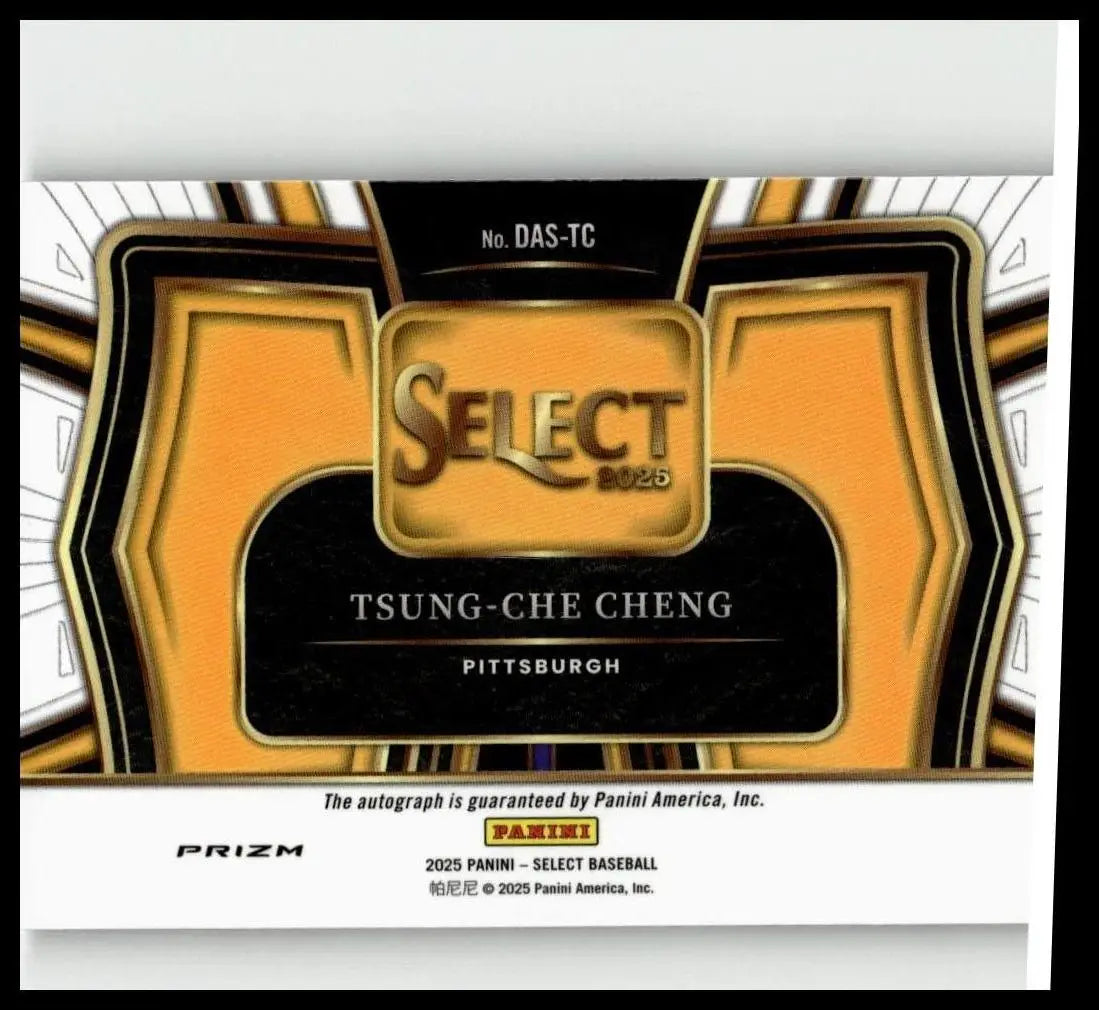 Gold and black framed 2025 panini select diamond action signatures baseball card featuring tsung-che cheng from pittsburgh