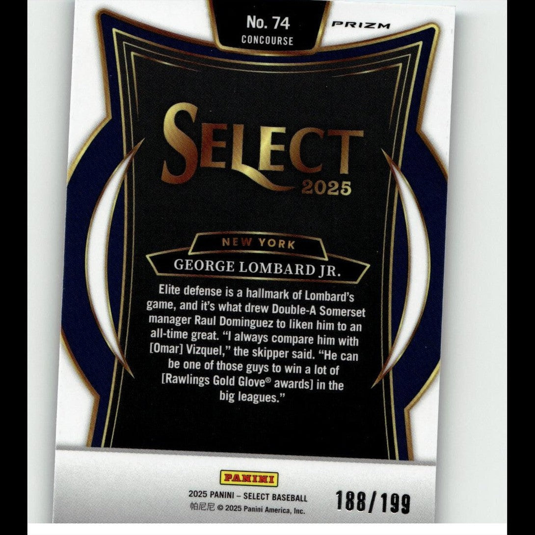 Black and gold ’select 2025’’ baseball trading card featuring george lombard jr.