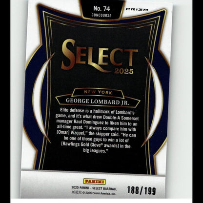 Black and gold ’select 2025’’ baseball trading card featuring george lombard jr.