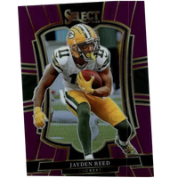 Green and yellow helmeted football player jayden reed holding a football on 2025 panini select jayden purple prizm card