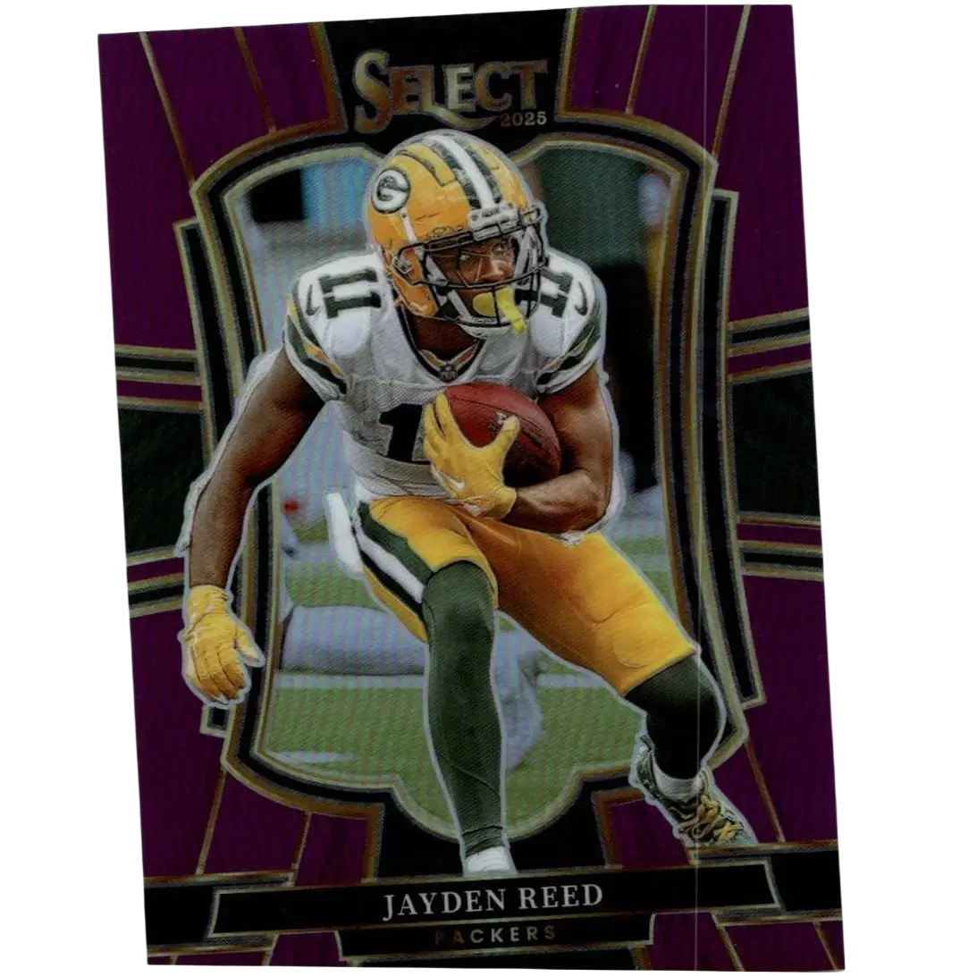 Green and yellow helmeted football player jayden reed in white jersey holding football featured on 2025 panini select jayden purple prizm card