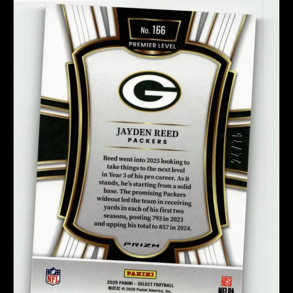 Black and silver framed panini select jayden reed nfl trading card with purple prizm finish and gold accents