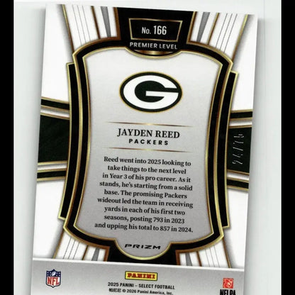 Black and silver framed 2025 Panini Select Jayden Reed trading card with purple prizm finish and gold accents