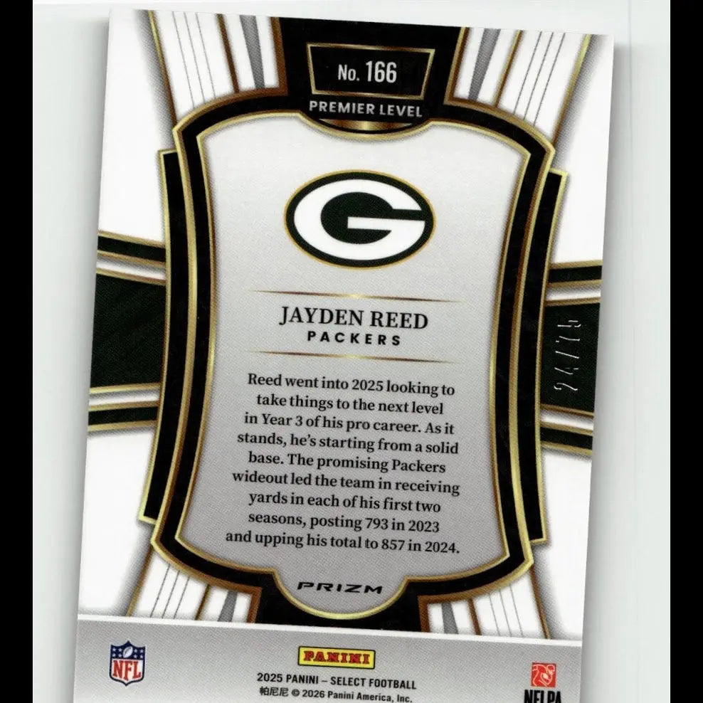 Black and silver framed panini select jayden reed nfl trading card with purple prizm gold accents and prizm finish