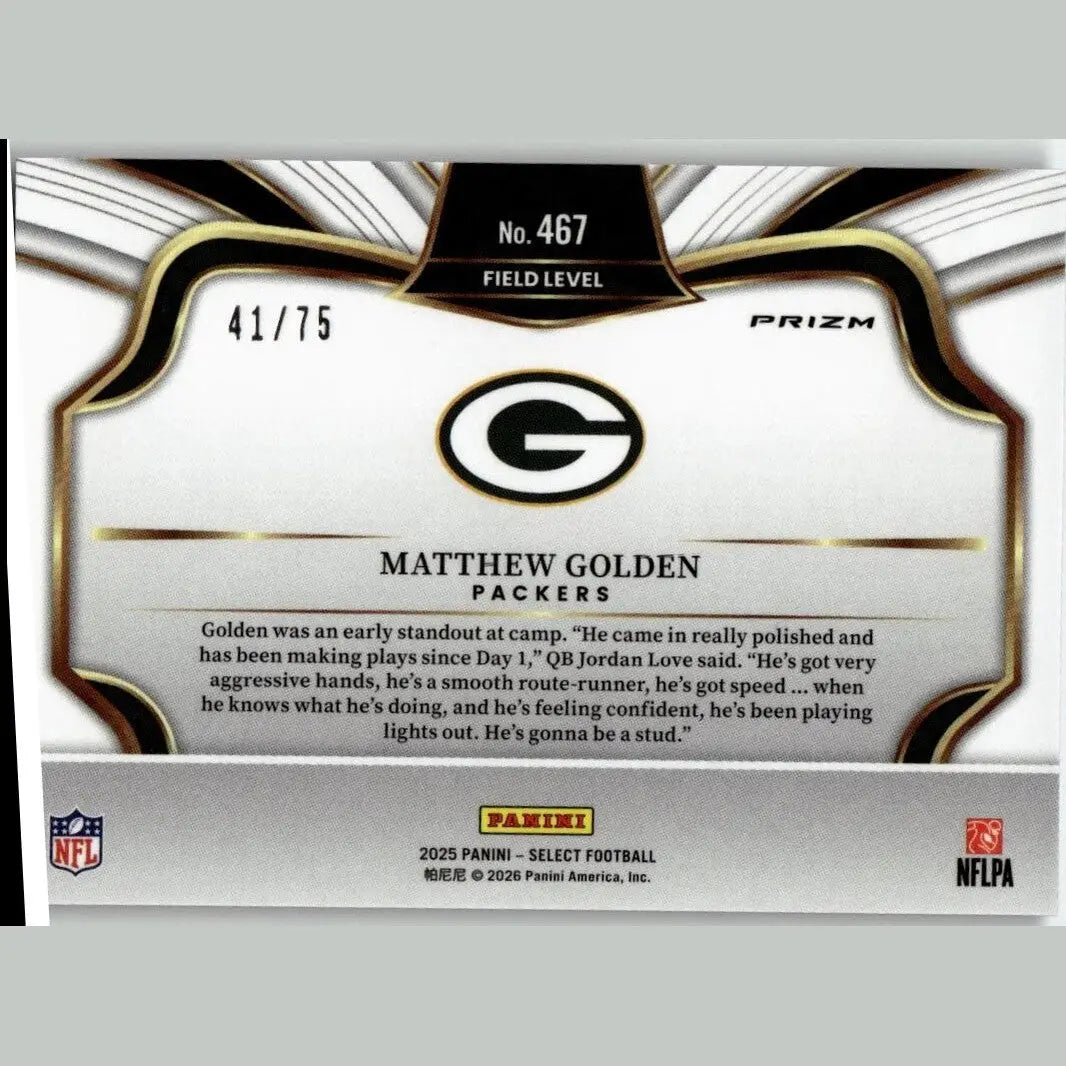 White and black nfl trading card with gold trim featuring panini select matthew golden blue prizm field number 467