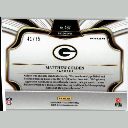 White and black nfl trading card with gold trim featuring panini select matthew golden blue prizm field number 467