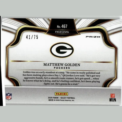 White and black nfl trading card with gold trim featuring panini select matthew golden blue prizm field level 467 /75