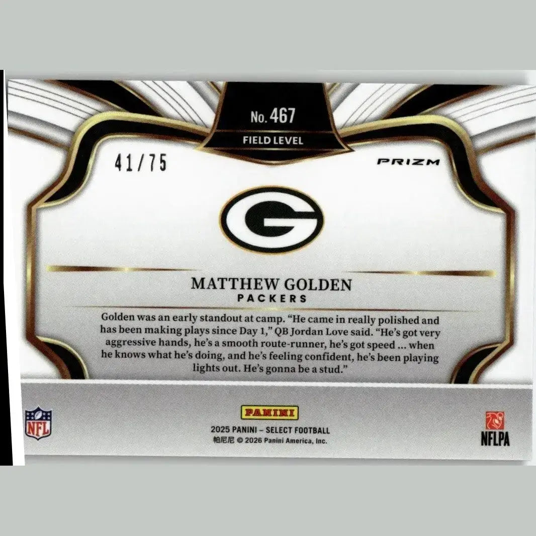White and black nfl trading card with gold trim featuring panini select matthew golden blue prizm field #467 /75