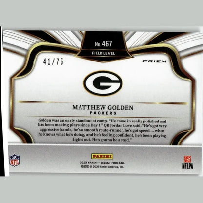 White and black nfl trading card with gold trim featuring panini select matthew golden blue prizm field #467 /75