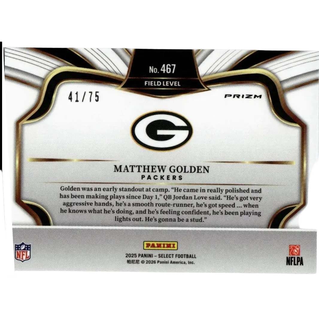 White and black nfl trading card with gold trim featuring panini select matthew golden blue prizm field level card
