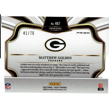 White and black nfl trading card with gold trim featuring panini select matthew golden blue prizm field level card