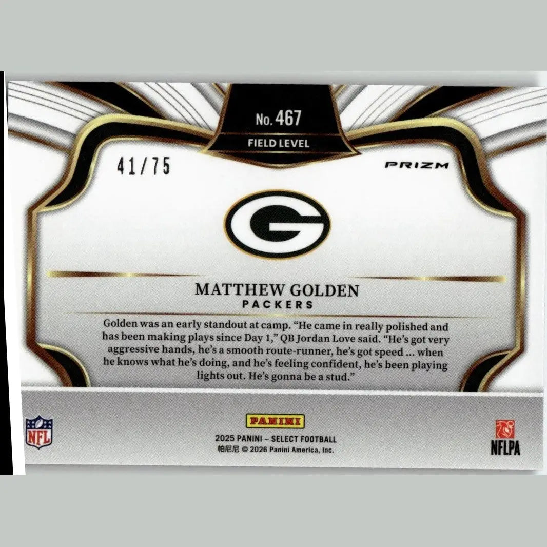 White and black nfl trading card with gold trim featuring panini select matthew golden blue prizm field level number 467