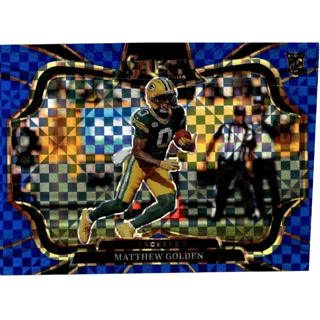 Green and gold panini select matthew golden football card with blue prizm field level shimmering checkered border