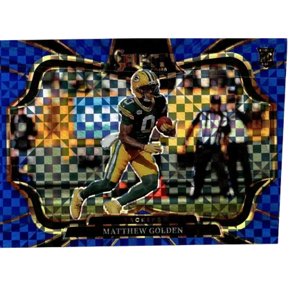 Green and gold panini select matthew golden football card with blue prizm field level checkered border numbered 467 of 75