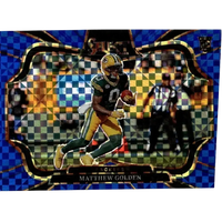 Green and gold panini select matthew football card featuring matthew golden in action with blue prizm field background