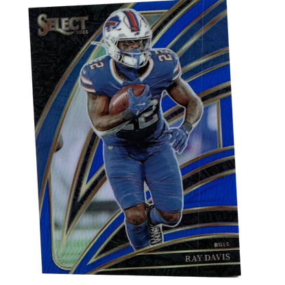Blue and white buffalo bills football player ray davis in action on a 2025 panini select ray trading card with dynamic design