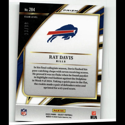 Silver and black panini select ray davis football trading card featuring buffalo bills logo numbered 284 of 99