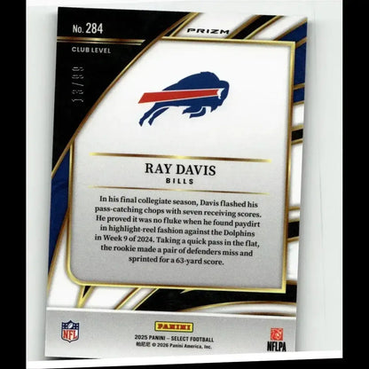 Blue and red buffalo bills logo on white card with gold trim featuring ray davis text in 2025 panini select ray card