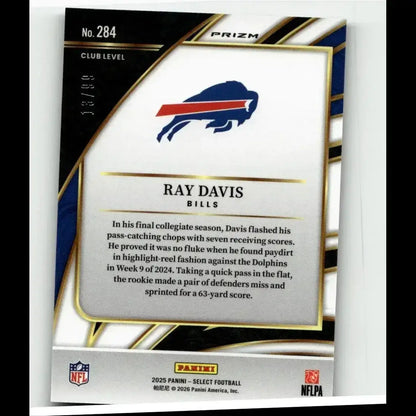 2025 panini select ray davis #284 card featuring blue and red buffalo bills logo on white card with gold trim