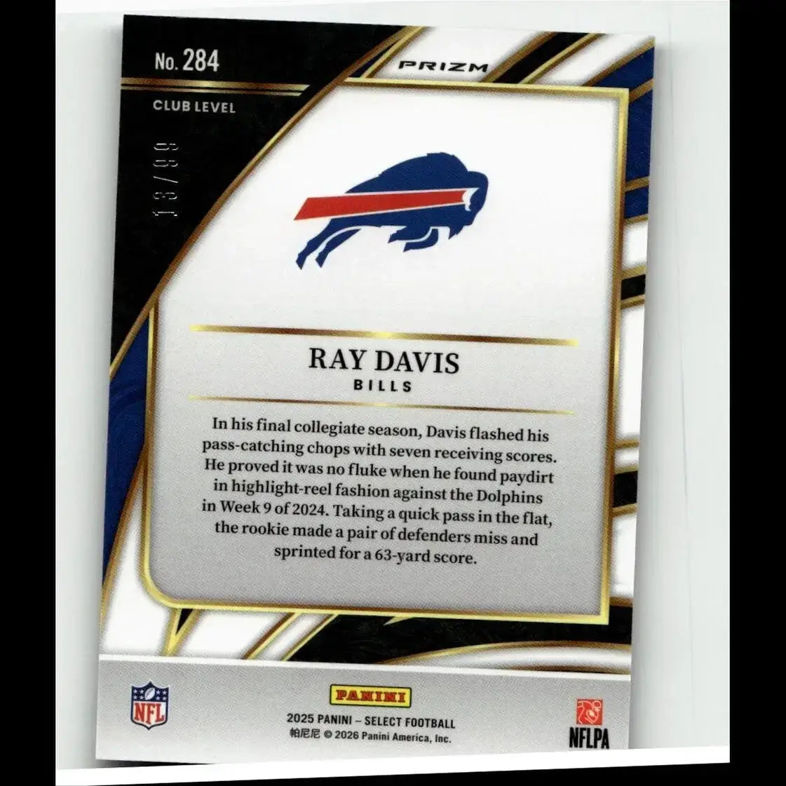 Blue and red buffalo bills logo on white card with gold trim featuring ray davis text in 2025 panini select ray card