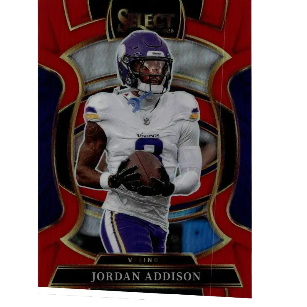 2025 Panini Select red prizm Jordan Addison concourse football trading card featuring purple and white jersey image