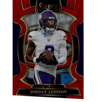 2025 Panini Select red prizm Jordan Addison concourse football trading card featuring purple and white jersey image