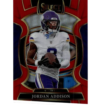 2025 Panini Select red prizm Jordan Addison concourse football trading card featuring purple and white jersey image