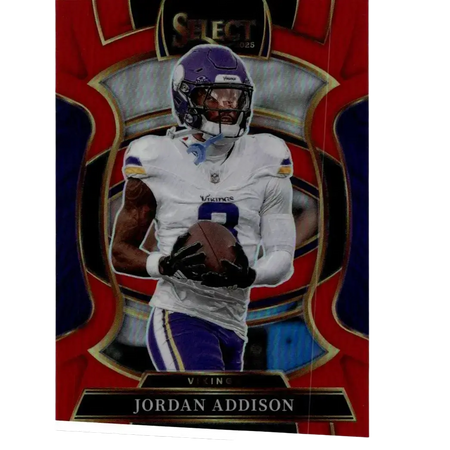 2025 Panini Select red prizm Jordan Addison concourse football trading card featuring purple and white jersey image