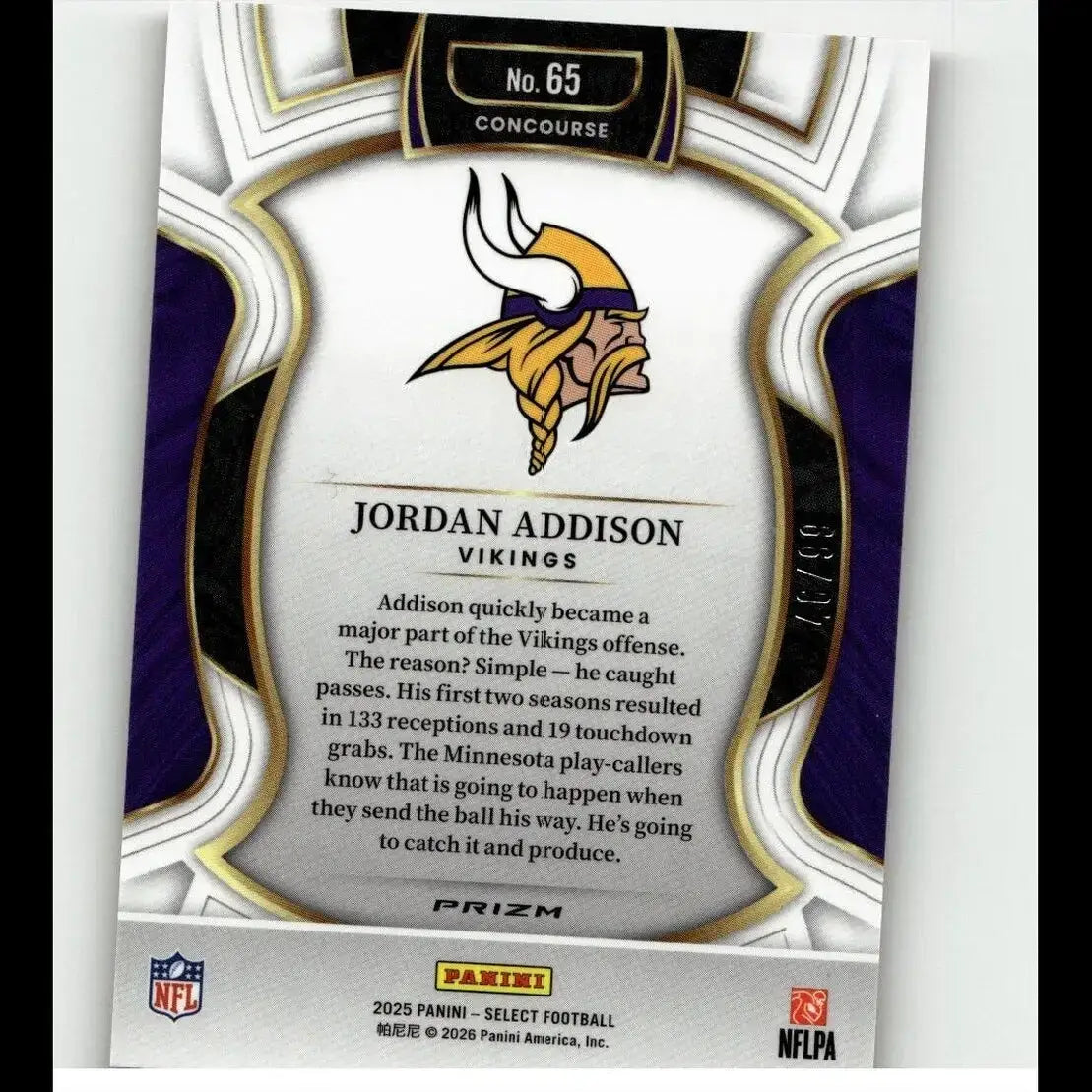 Purple and gold minnesota vikings football trading card featuring red prizm jordan addison concourse level from 2025 panini select