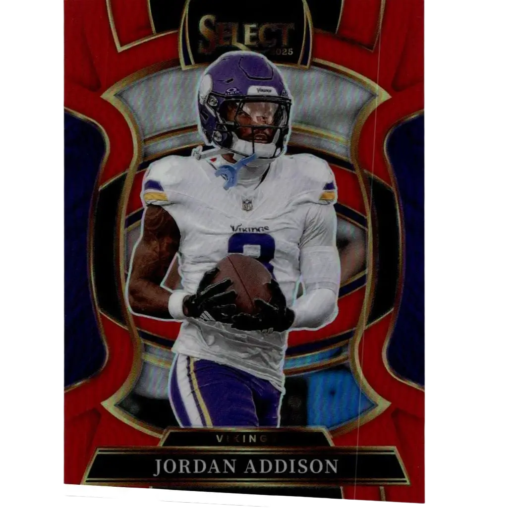 2025 Panini Select Red Prizm Jordan Addison concourse level trading card featuring purple and white Vikings jersey