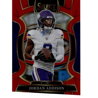 2025 Panini Select Red Prizm Jordan Addison concourse level trading card featuring purple and white Vikings jersey