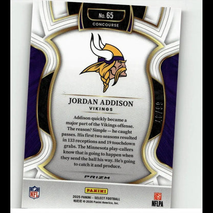 Purple and gold minnesota vikings 2025 panini select red prizm jordan addison concourse level football card