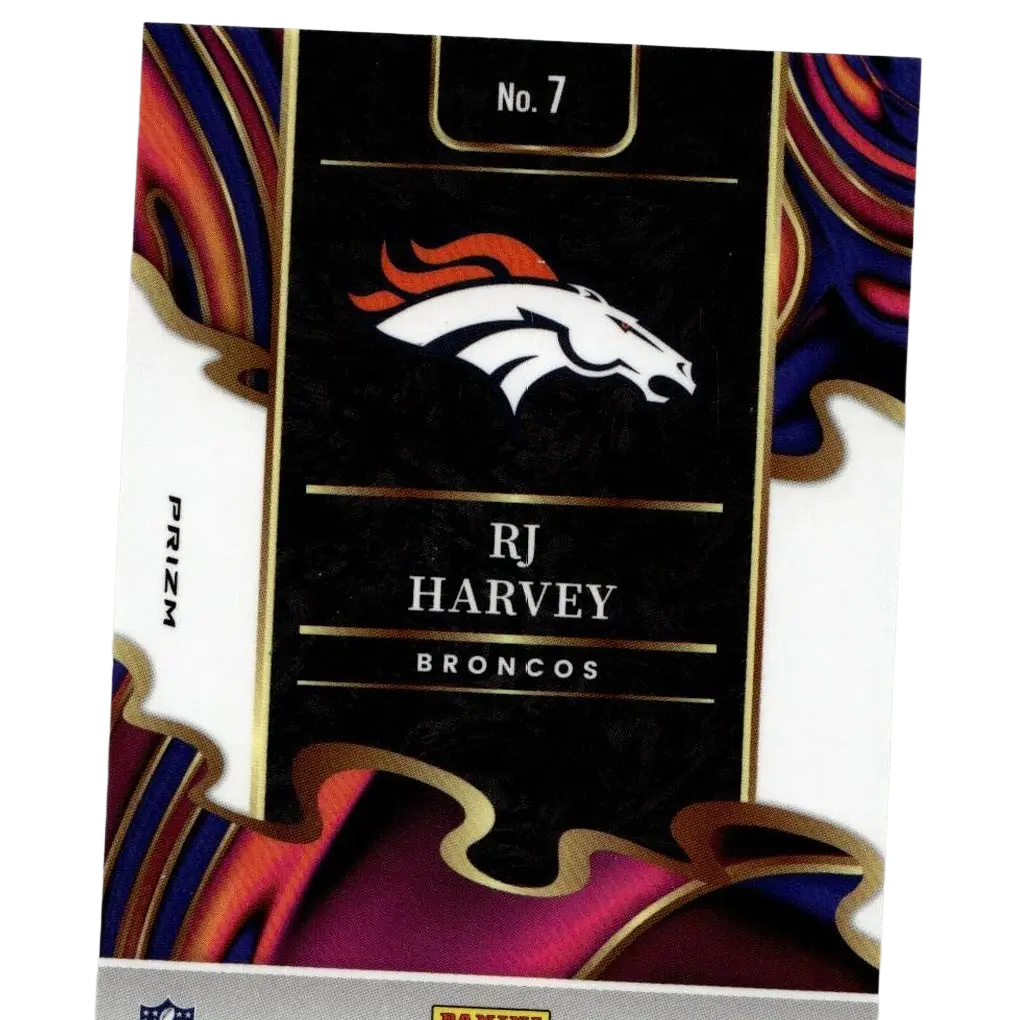 Black and gold panini select rj harvey phenomenon silver nfl trading card with denver broncos logo and vibrant accents