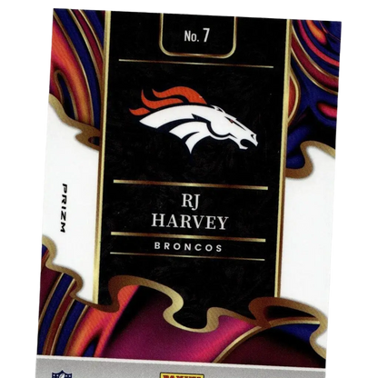 Black and gold panini select rj harvey phenomenon silver nfl trading card with denver broncos logo and vibrant accents