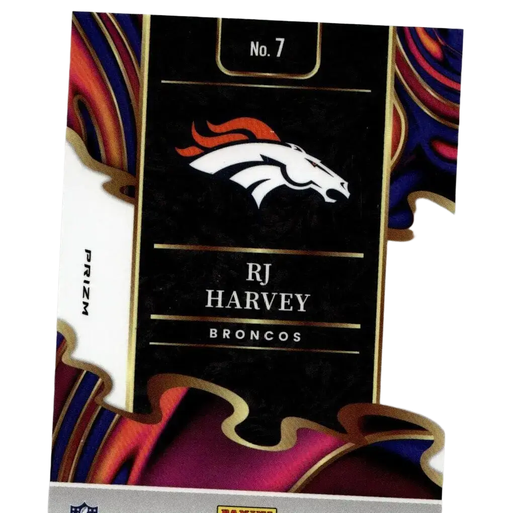 Black and gold 2025 panini select phenomenon silver nfl trading card featuring rj harvey number 7 with denver broncos logo