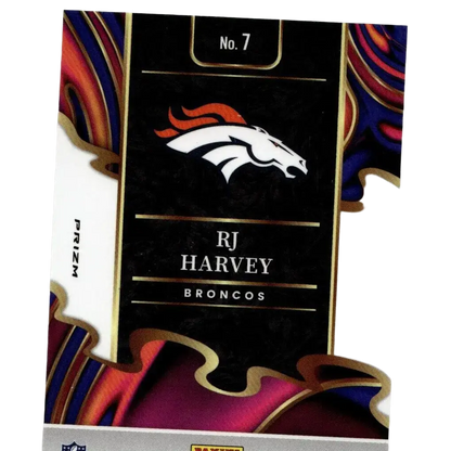 Black and gold 2025 panini select phenomenon silver nfl trading card featuring rj harvey number 7 with denver broncos logo