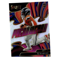 2025 Panini Select rj harvey #7 phenomenon silver rc card with dynamic iridescent design in orange and navy uniform